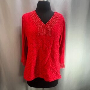 Shannon Ford New York Tunic Top Womens XL Red Crochet Lace Detail 3/4 Sleeve